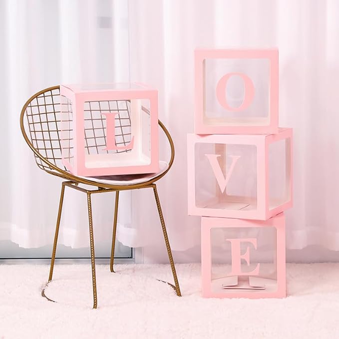 Ledido Transparent Balloon Boxes With 78 Letters, Pink Baby Boxes with Letters for Baby Shower Clear Letter Boxes for Party Wedding Birthday Baby Shower Decorations 5 PCS
