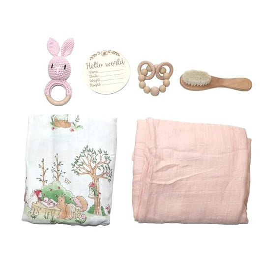 DI'FRANT Newborn Baby Gift Box | Educational Teething Toy & Soothing Crochet Rattle Set | 70% Bamboo & 30% Cotton | Perfect Baby Full Moon Gift in Eco-Friendly Kraft Box (Light Pink Rabbit)