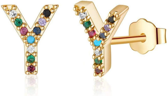 Memorjew Initial Stud Earrings for Women, Hypoallergenic 925 Sterling Silver Post Rainbow Cubic Zirconia Gold Plated 26 Initial Earrings for Women Jewelry Gifts