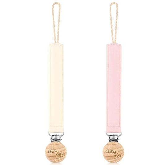 Baby Pacifier Clip, 2 Pack Fabric Pacifier Clips, Super Soft Fabric Strap with Wooden Clip, Pacifier Clips for Baby Girl & Boy (Cream/Blush)