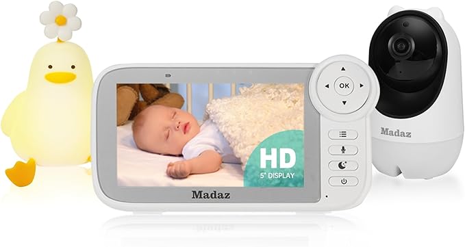 Madaz Video Baby Monitor with Color Night Vision - No WiFi, 5" HD Display, Lullabies, Temperature Sensor, 2-Way Talk, 1080P Pan-Tilt-Zoom Camera,1000ft Range + Night Light
