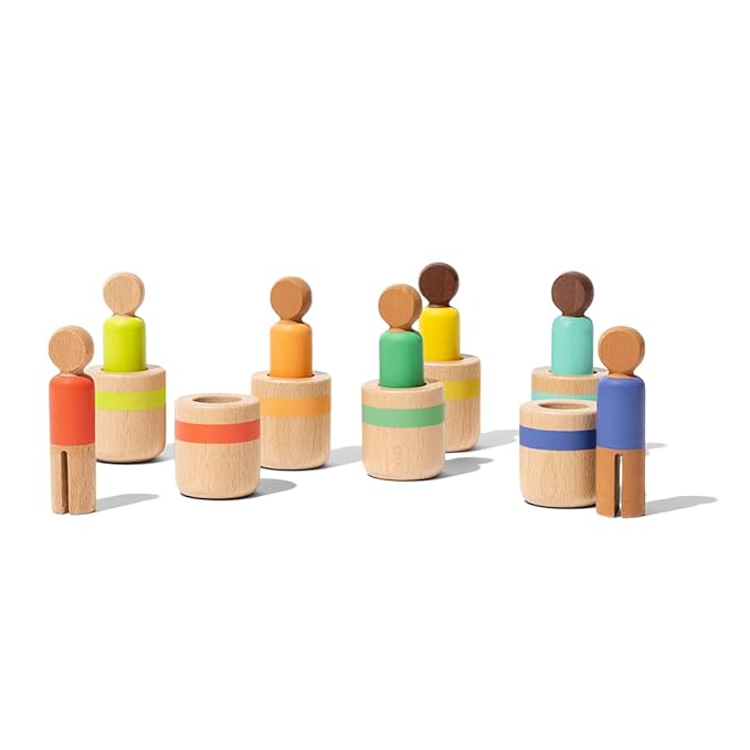 Lovevery Post & Play Peg People Baby Toy, 7 Wooden Peg Doll Practice Color Matching, Stacking, and Balancing, Ages 13 Months +