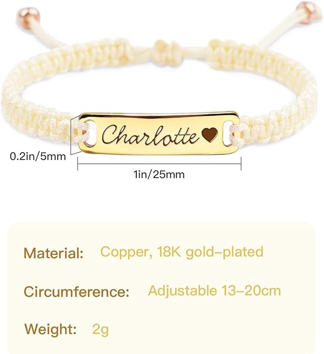 Personalized Baby Bracelet, 18K Gold Plated Custom Name Bracelet, Braided Cord Baby Bracelet Adjustable for Baby Girls and Boys as Birthday Gift Baptism Gift