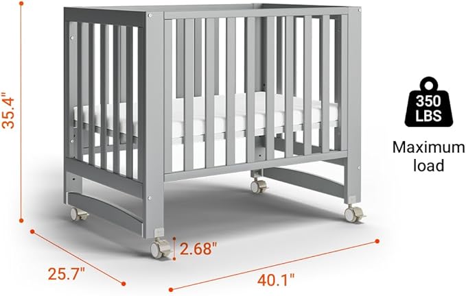 EvoNest Baby Crib, 6 in 1 Convertible Mini Crib with Wheels, 100% New Zealand Wood Growing Bed, 4 Adjustable Mattress Height，Grey
