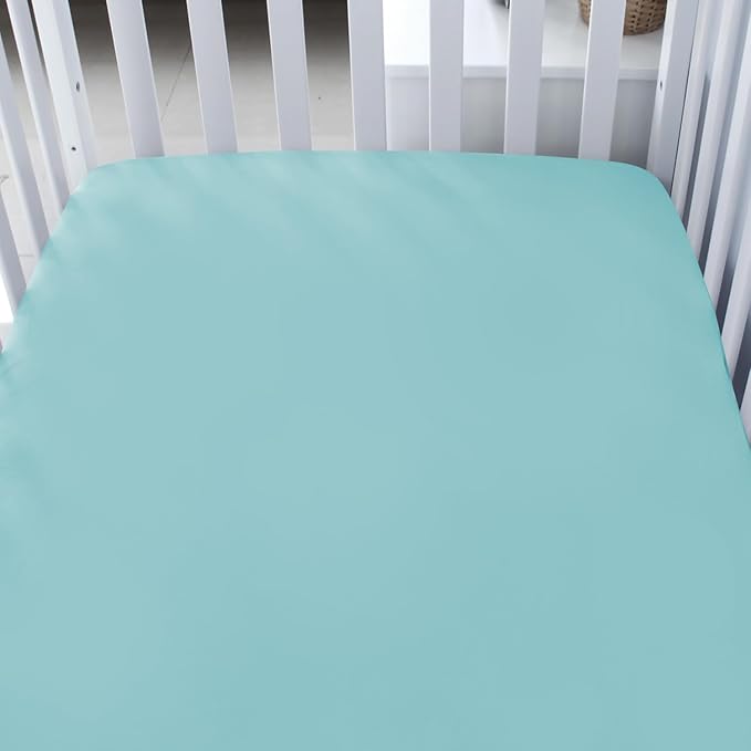 Biloban Crib Sheets Fitted, 2 Pack Crib Sheet Fits for Standard Crib Mattress, Neutral Toddler Bed Sheets for Baby Boys and Girl, White & Aqua, 52”X 28”