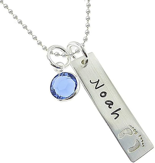 My Tiny Prints Personalized Sterling Silver Name Necklace. Customize with Child's Name, Engraved with Solid Baby Feet. Add Your Choice of Birthstone and Sterling Silver Chain. Gifts for Her, New Mom