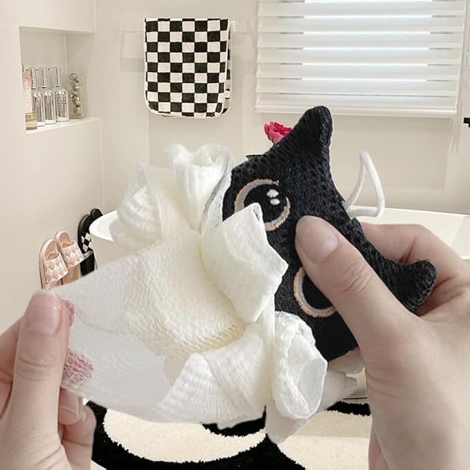 Cute Unicorn Kids Bath Loofahs Balls for Baby Girls Boys Mesh Shower Ball Pouf Exfoliating Bath Sponge Body Cleaner Bath Accessories (Black cat)