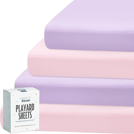 Pack and Play Sheets Fitted 4 Pack, Breathable Baby Playard Mattress Sheet Compatible with Graco Pack n Play, Mini Crib Sheets Fitted for Girls, Pink & Purple Playpen Mattress Sheets