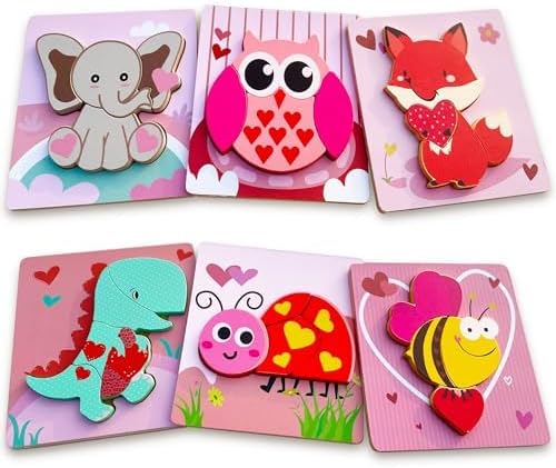 Valentine's Day Toys 6 Pack Wooden Puzzles for Toddlers Valentine's Day Gift for Toddler Toys for 1 2 3 4 Year Old Boys Girls Gifts My First Valentine's Day Toys