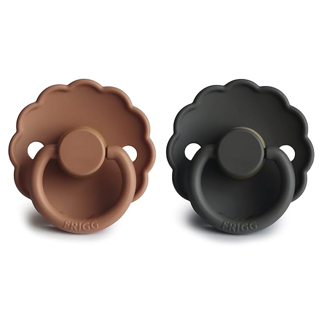 FRIGG Daisy Natural Rubber Baby Pacifier | Made in Denmark | BPA-Free (Graphite/Peach Bronze, 0-6 Months) 2-Pack