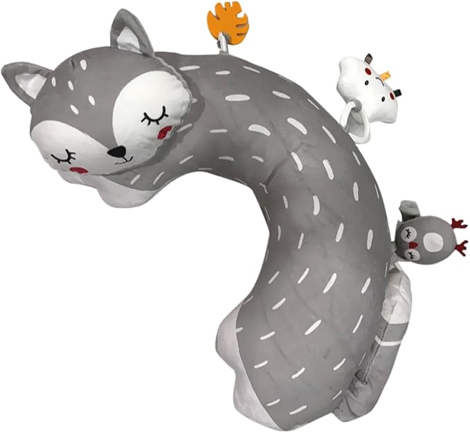 Tummy Time Pillow with 3 Detachable Sensory Toys - Infant Head Support & Neck Strengthening Mat - Soft & Breathable Baby Gym Play Pillow - Machine Washable (Gray Fox)