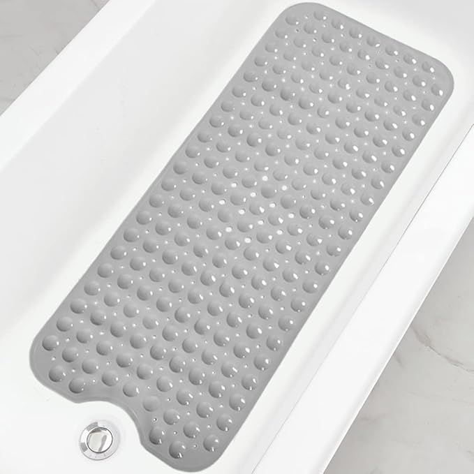 Linoows Bathtub and Shower Mats, Extra Long Non-Slip Bath Tub Mat 39 x 16 Inch, Machine Washable Bathmat with Suction Cups & Drain Holes for Bathroom Floor, Gray