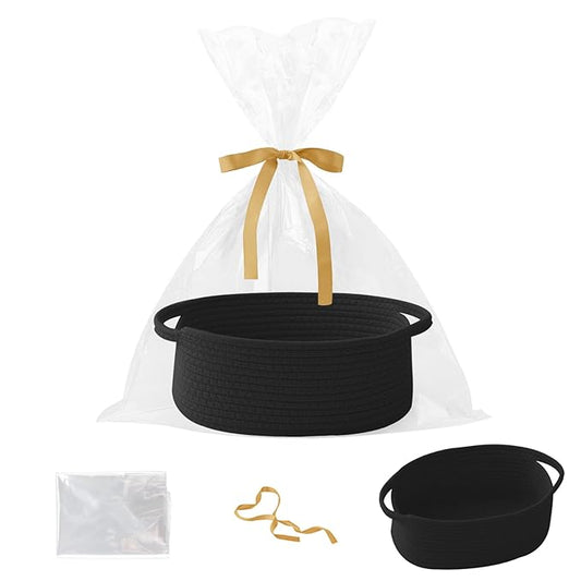 Gift Basket with Gift Bag and Ribbons,Small Rope Woven Shelf Storage,Baskets for Gifts Empty,Birthday,Shower,Decorative Organizer Box for Cat Dog Pet with Handles(Black)