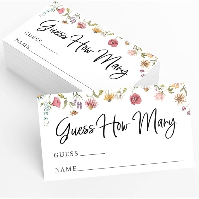 Printed Party Candy Jar Guessing Game (Set of 50), Wildflower Bloom Theme, includes Matching Table Display Sign