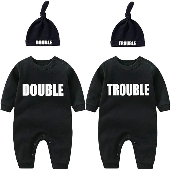 YSCULBUTOL Baby Twins Bodysuits Funny Double Trouble Cute Girl Romper Twin Jumpsuits Hat Set