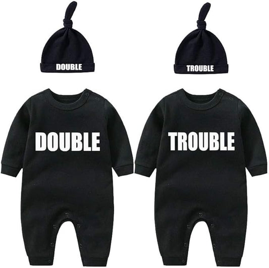 YSCULBUTOL Baby Twins Bodysuits Funny Double Trouble Cute Girl Romper Twin Jumpsuits Hat Set