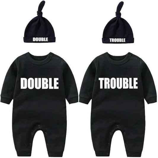YSCULBUTOL Baby Twins Bodysuits Funny Double Trouble Cute Girl Romper Twin Jumpsuits Hat Set