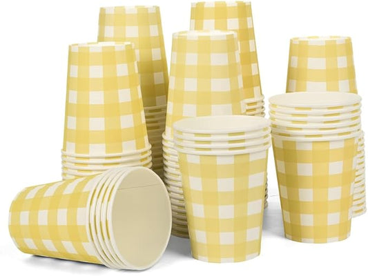 100pcs 9 oz gingham party Paper cups, Yellow Disposable Plaid Paper Checkered Cups for Wedding Birthday Party, Travel, Baby Shower Picnic