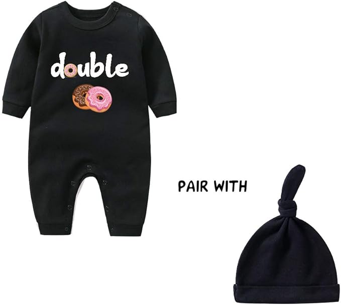 YSCULBUTOL Baby Twins Bodysuits Funny Double Trouble Cute Girl Romper Twin Jumpsuits Hat Set