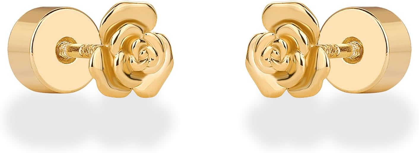 PAVOI 14K Gold Plated Dainty Flat Back Earrings for Women - Hypoallergenic Sterling Silver Posts Helix Cartilage Piercing Jewelry - Emoji Motif Bow Celestial Flatback Gold Stud Earrings Screw Back