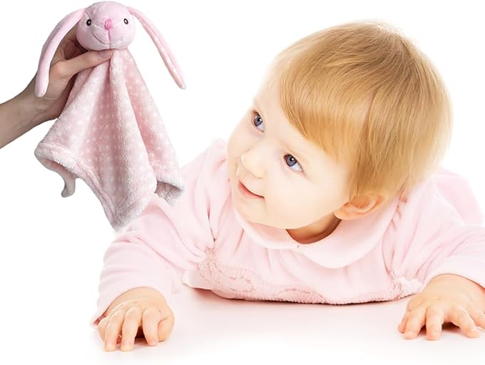 CREVENT Cozy Plush Baby Security Blanket Loveys for Baby Girls Boys, Stuffed Animal Ring Rattle Shaker Toy for Newborns (Bunny)