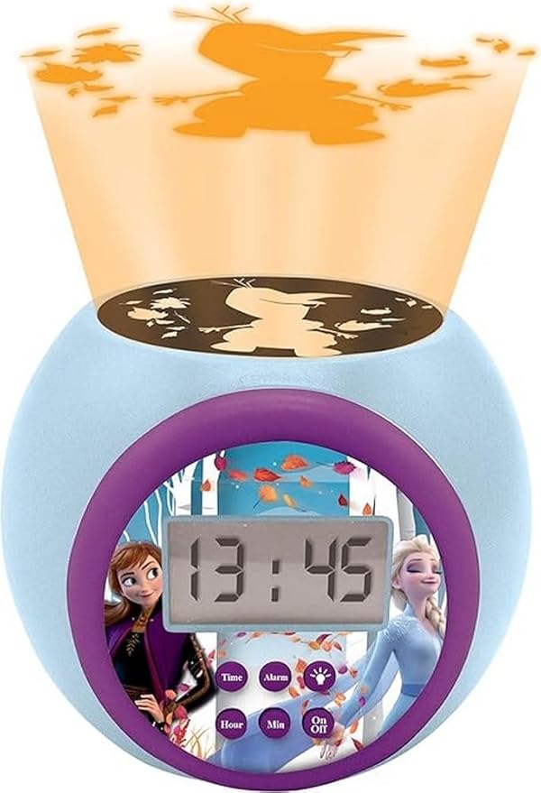 LEXIBOOK, Projector Clock Disney Frozen 2 Anna Elsa with Snooze Alarm Function, Night Light with Timer, LCD Screen, Battery Operated, Blue/Purple, RL977FZ