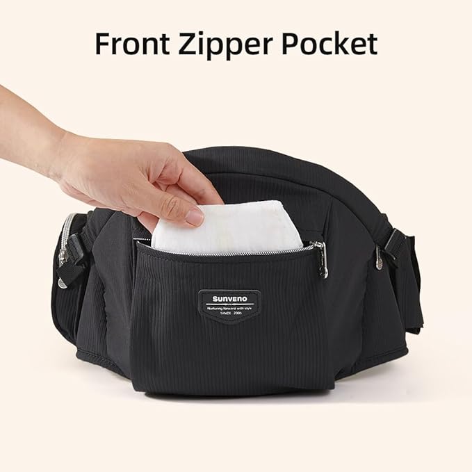 SUNVENO Baby Hip Carrier with Hip Seat, CPC-Certified, Ergonomic Infant Carrier for Newborns & Toddlers up to 45 lbs, Adjustable Waistband, Multiple Pockets, All-Season, Black
