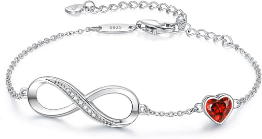 CDE Infinity Heart Birthstone Charm Link Bracelet for Women 925 Sterling Silver Adjustable Mother's Day Gift Anniversary Birthday Jewelry for Wife Girlfriend Her
