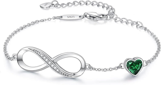 CDE Infinity Heart Birthstone Charm Link Bracelet for Women 925 Sterling Silver Adjustable Mother's Day Gift Anniversary Birthday Jewelry for Wife Girlfriend Her