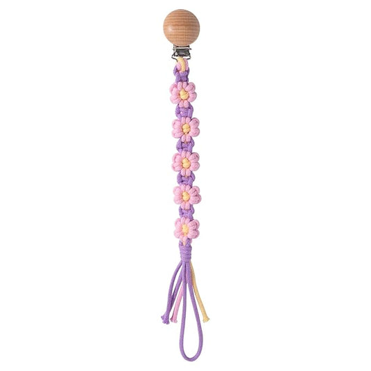 Pacifier Clip for Boys Girls Floral Daisy Macrame Paci Clip Pacifier Holder Leash Boho Wooden Clips Handmade Braided Cotton Unisex Baby Shower Birthday Gift