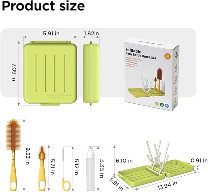 YOTIME Travel Bottle Brush, Travel Bottle Cleaner Kit with Foldable Bottle Drying Rack, for Visit Friends and Relations, Baby Travel Essentials, BPA Free, Green