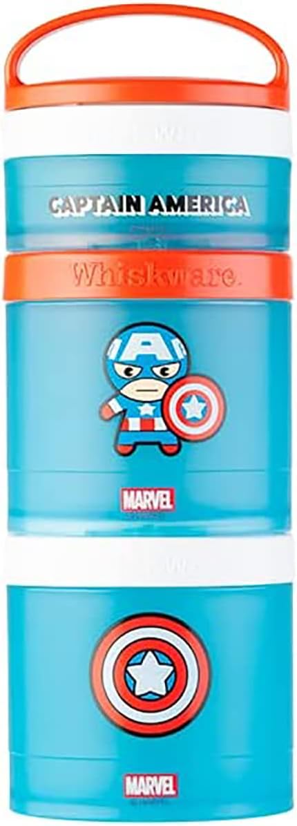 Whiskware Marvel Stackable Snack Containers for Babies, Kids, and Toddlers, 3 Stackable Snack Cups for School or Travel, Formula and Cupholder Friendly, Captain America
