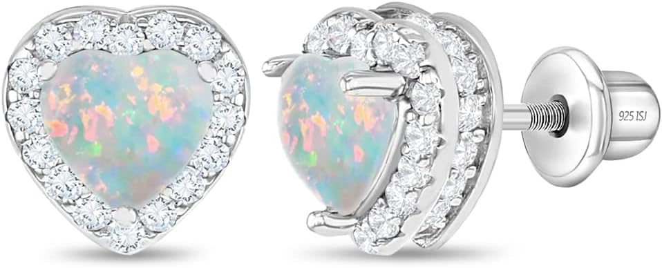 925 Sterling Silver White Simulated Opal Birthstone Heart Safety Screw Back Earrings for Little Girls, Pre-Teens and Teens 8mm - Beautiful Heart Shaped Earrings with CZ Stones