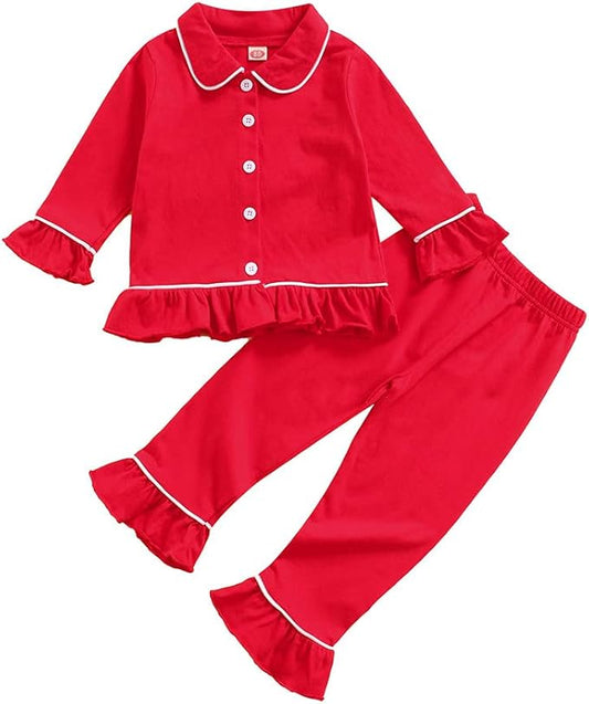 Toddler Kids Baby Girl Solid Pjs Ruffle Long Sleeve Button Shirt Top and Pants Cotton 2Piece Pajamas Set