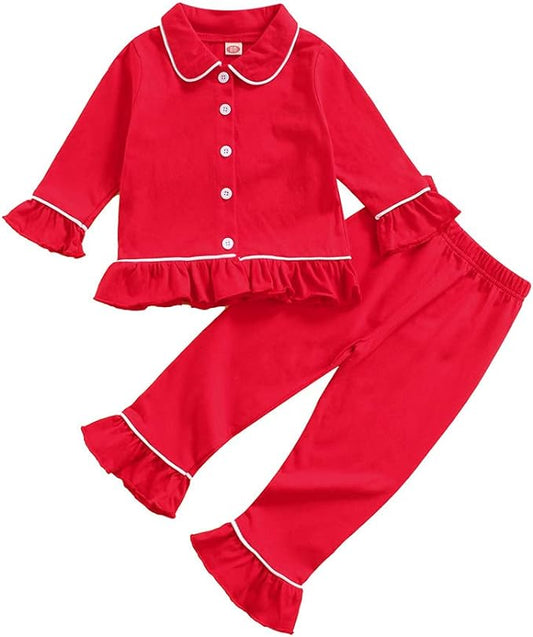 Toddler Kids Baby Girl Solid Pjs Ruffle Long Sleeve Button Shirt Top and Pants Cotton 2Piece Pajamas Set