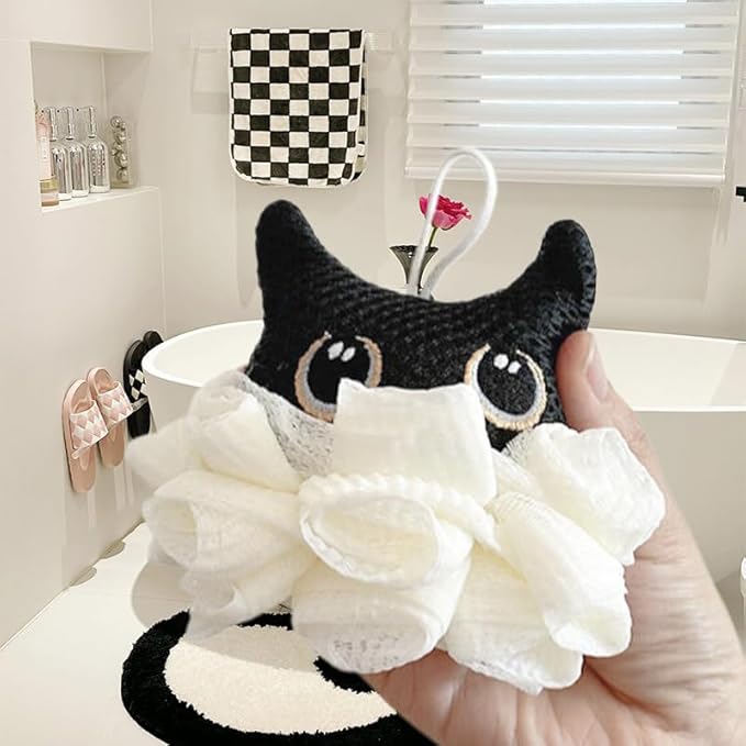 Cute Unicorn Kids Bath Loofahs Balls for Baby Girls Boys Mesh Shower Ball Pouf Exfoliating Bath Sponge Body Cleaner Bath Accessories (Black cat)