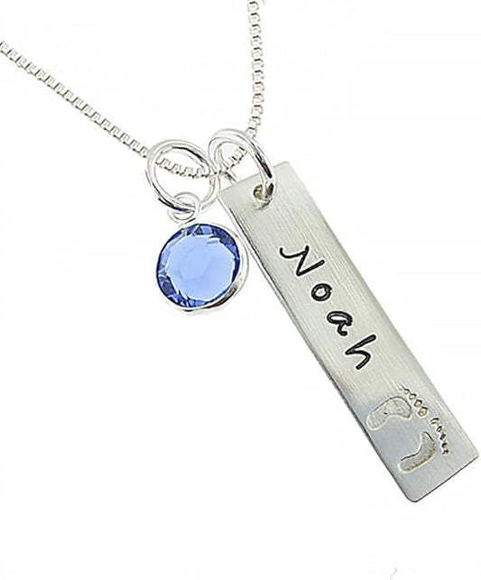 My Tiny Prints Personalized Sterling Silver Name Necklace. Customize with Child's Name, Engraved with Solid Baby Feet. Add Your Choice of Birthstone and Sterling Silver Chain. Gifts for Her, New Mom