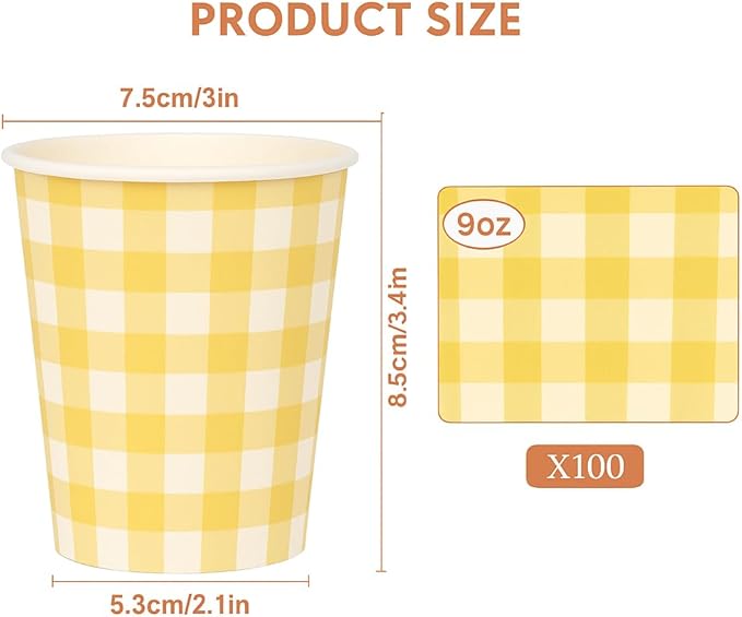 100pcs 9 oz gingham party Paper cups, Yellow Disposable Plaid Paper Checkered Cups for Wedding Birthday Party, Travel, Baby Shower Picnic