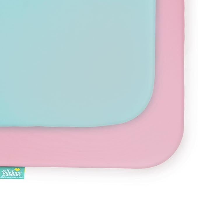 Biloban Pack and Play Sheets Fitted, 2 Pack Pack and Play Sheet Fits for Graco Pack n Play Mattress, Neutral Playard Sheets for Baby Boys and Girl, Pink & Aqua, 38”X 26”