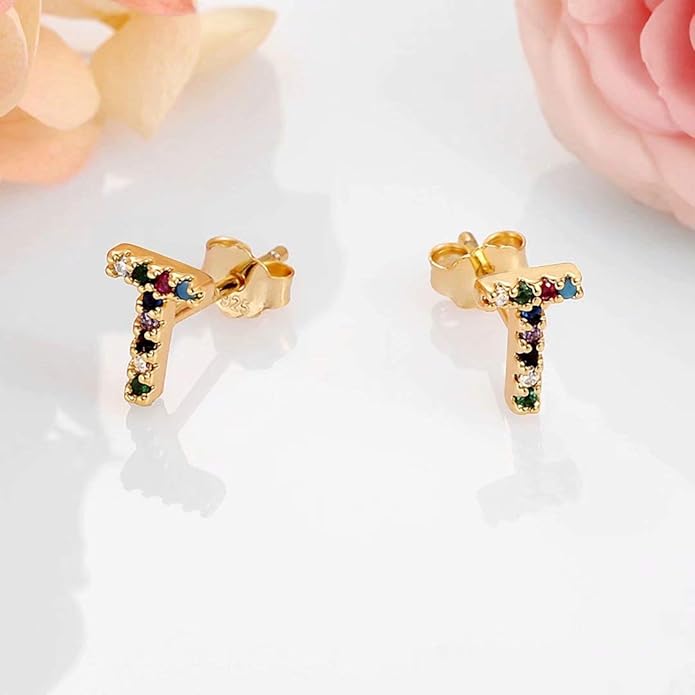 Memorjew Initial Stud Earrings for Women, Hypoallergenic 925 Sterling Silver Post Rainbow Cubic Zirconia Gold Plated 26 Initial Earrings for Women Jewelry Gifts