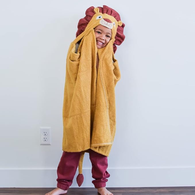 Hooded Baby Towel for Kids 2-8 | Large 100% Cotton Baby Towel for Girls or Boys | Cute Lion Bath Towels for Babies and Toddlers in Gold and Red Russet
