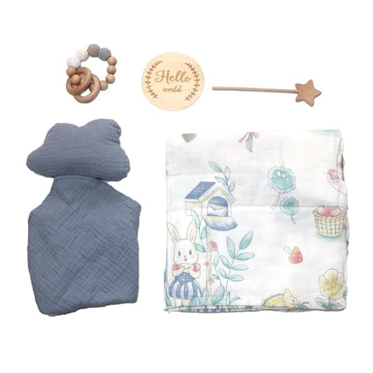 DI'FRANT Newborn Baby Gift Box | Educational Teething Toy & Soothing Crochet Rattle Set | 70% Bamboo & 30% Cotton | Perfect Baby Full Moon Gift in Eco-Friendly Kraft Box (Blue Cloud)