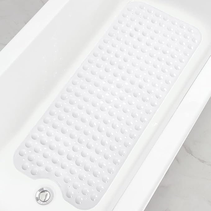 Linoows Bathtub and Shower Mats, Extra Long Non-Slip Bath Tub Mat 39 x 16 Inch, Machine Washable Bathmat with Suction Cups & Drain Holes for Bathroom Floor, White