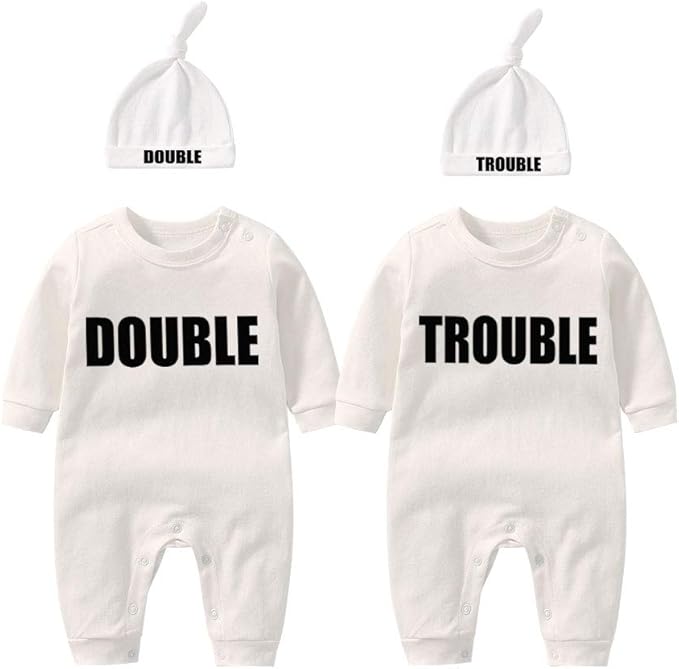 YSCULBUTOL Baby Twins Bodysuits Funny Double Trouble Cute Girl Romper Twin Jumpsuits Hat Set
