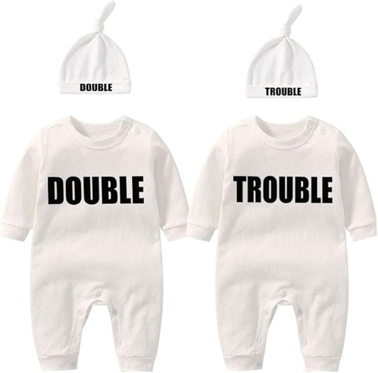 YSCULBUTOL Baby Twins Bodysuits Funny Double Trouble Cute Girl Romper Twin Jumpsuits Hat Set