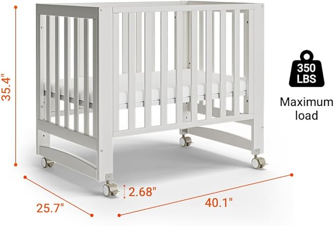 EvoNest Baby Crib, 6 in 1 Convertible Mini Crib with Wheels, 100% New Zealand Pinewood Growing Bed, 4 Adjustable Mattress Height， (Milk)