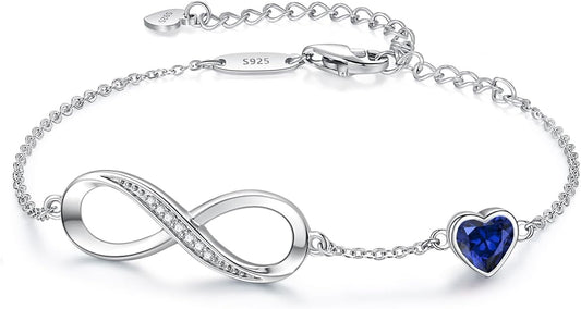 CDE Infinity Heart Birthstone Charm Link Bracelet for Women 925 Sterling Silver Adjustable Mother's Day Gift Anniversary Birthday Jewelry for Wife Girlfriend Her