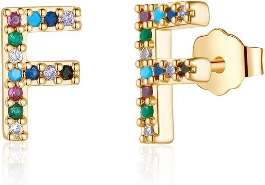 Memorjew Initial Stud Earrings for Women, Hypoallergenic 925 Sterling Silver Post Rainbow Cubic Zirconia Gold Plated 26 Initial Earrings for Women Jewelry Gifts