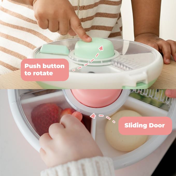 GoBe Kids Small Snack Spinner Slide Bundle with Hand Strap and Sticker Sheet - Reusable Snack Container with 5 Compartment Dispenser and Lid | BPA/PVC Free | Dishwasher Safe | No Spill - Coral Pink