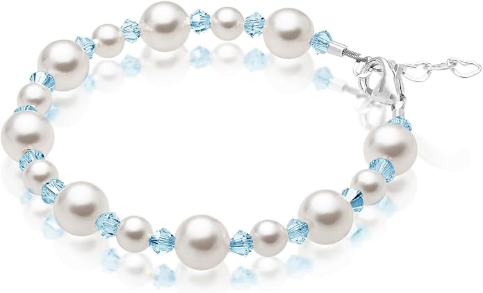 Sterling Silver Initial Charm Personalized Birthstone Bracelets for Girls, Baby Girl, Birthday Gifts for, Newborn, infant, Toddler, Teen, Pearl Bracelet, Birthstone Jewelry Crystals